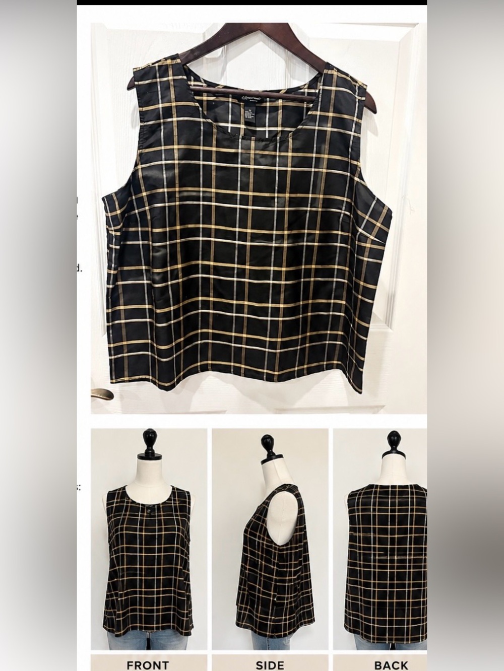 Vintage Karen Arnold Sleeveless Black Plaid Shell Top  XL